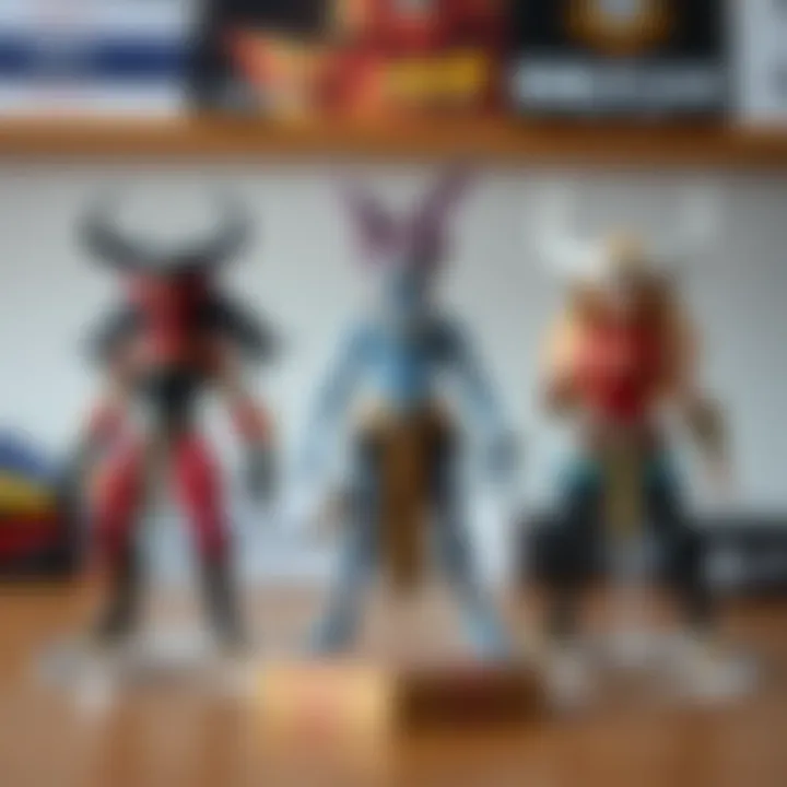 Three collectible figures of Gawr Gura, Seijuro Akashi, and Sona displayed with visible box damage