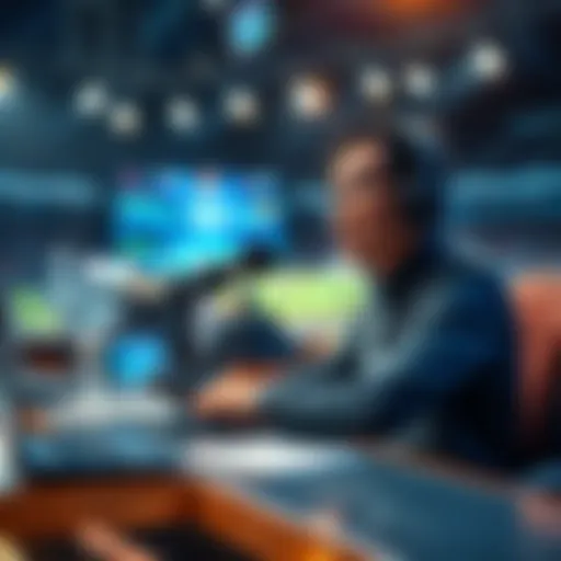 Gege sitting at a sports commentary desk with a microphone, analyzing a game on a large screen in the background.