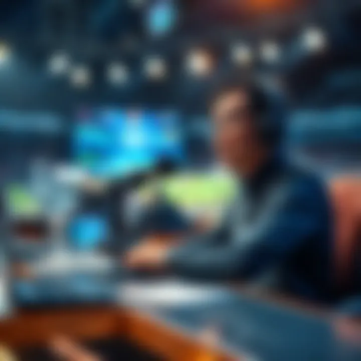 Gege sitting at a sports commentary desk with a microphone, analyzing a game on a large screen in the background.