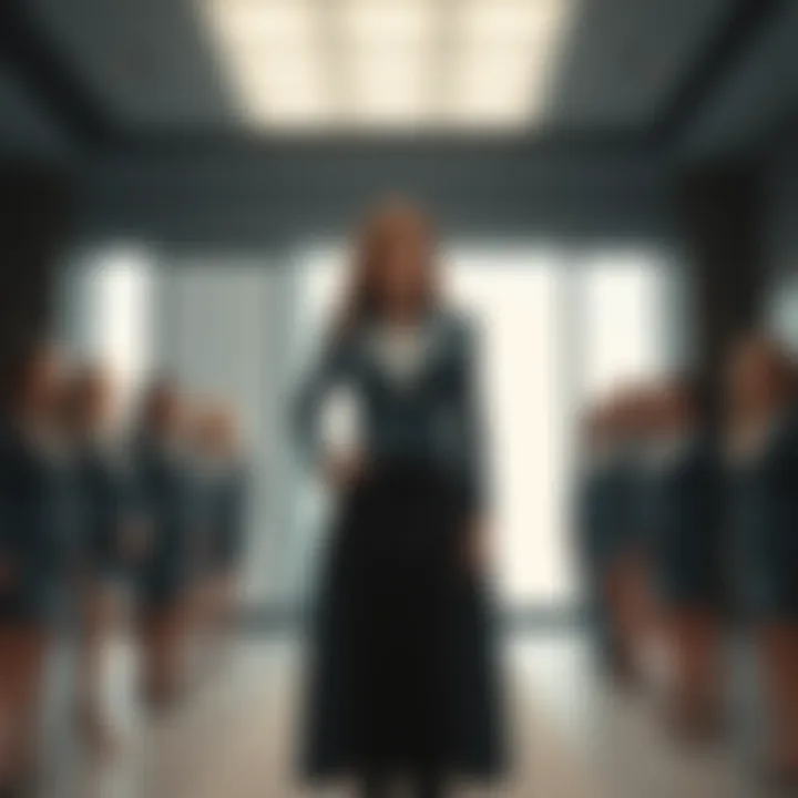A powerful female figure stands confidently in a modern office, surrounded by influential women in suits, symbolizing a gender-swapped Salem's faction with leadership roles filled by women.