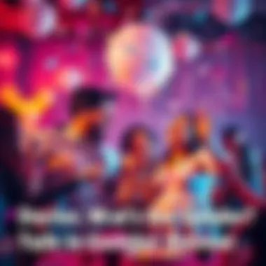 A couple joyfully popping a balloon filled with colored confetti to reveal their baby's gender at a party surrounded by friends and family