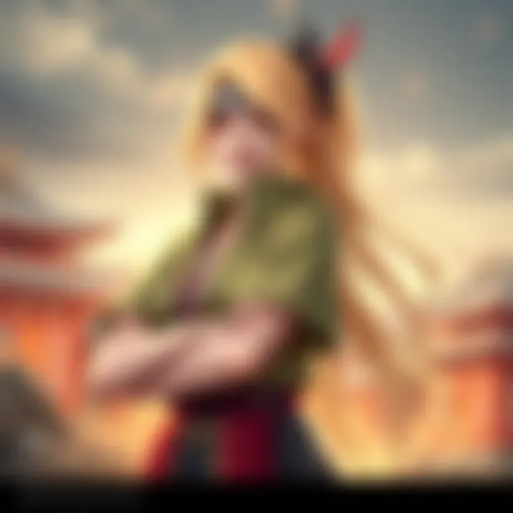 A character design featuring a genderbent version of Tsunade with blond hair styled like Hashirama's, wearing a similar outfit and pose, blending features of both characters.