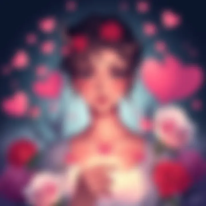 Illustration of a character transforming from female to male, surrounded by romantic symbols, representing gender identity and love