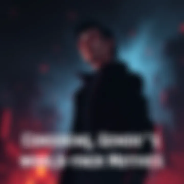 A character named Gendo stands in shadows, contemplating power and destruction in a dramatic atmosphere