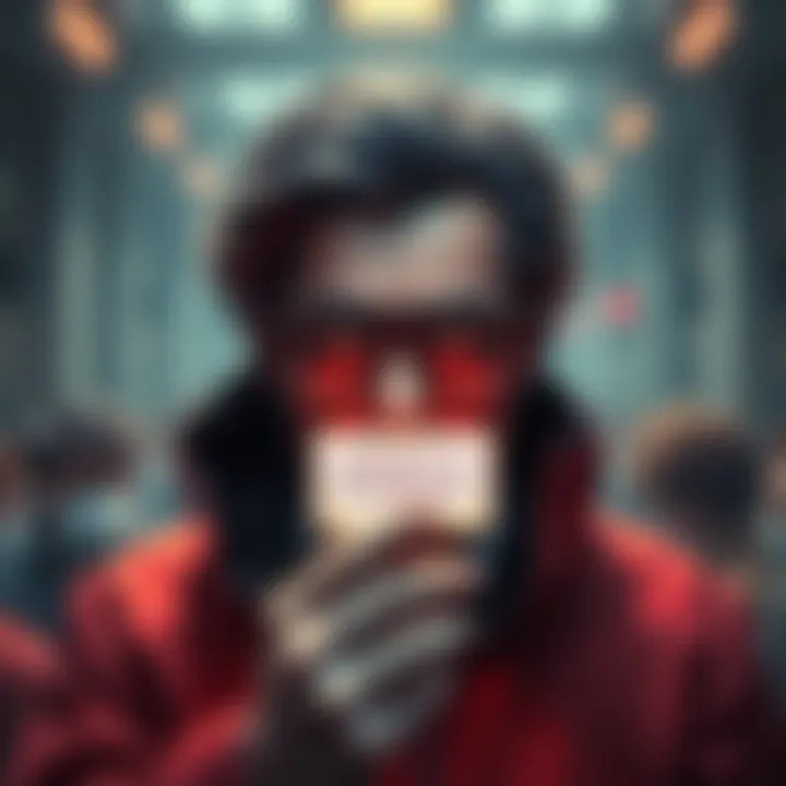 A stern figure with glasses gives a warning, surrounded by a backdrop of anxious people reflecting on choices.