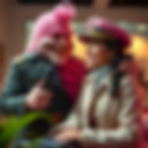 General Geega encouraging a cheerful pink woman, both smiling and interacting positively in a supportive environment