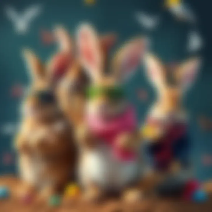 A group of colorful bunnies representing different generations, each with unique accessories reflecting their age group, surrounded by cultural symbols