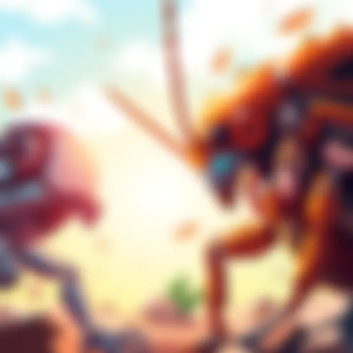 A scene depicting Genos, a cyborg with a futuristic look, facing off against the Awakened Cockroach, a large insect with exaggerated features, in a vibrant setting that highlights their contrasting designs.