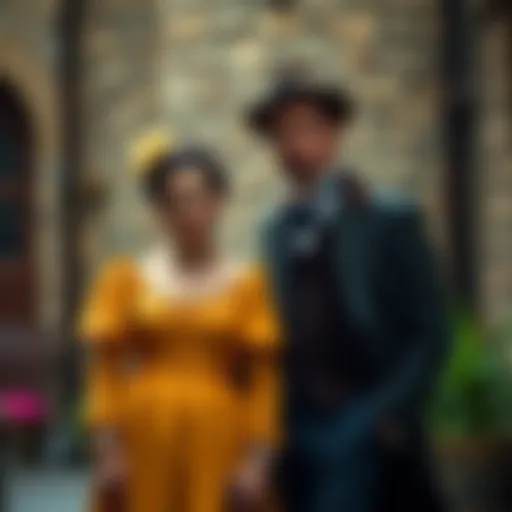 George Joestar II standing beside his adoptive sister Lisa Lisa in a vintage setting, both dressed in period clothing, highlighting their unique familial bond.