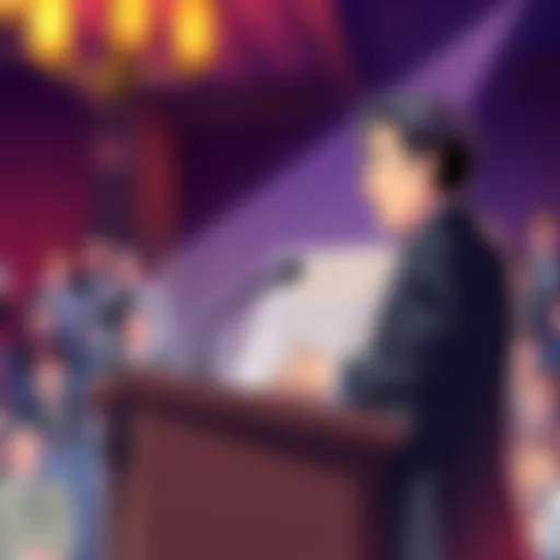 George Wada speaking at a podium about the proposed Japanese Anime Awards, with an audience in the background