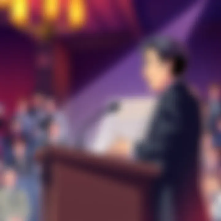 George Wada speaking at a podium about the proposed Japanese Anime Awards, with an audience in the background