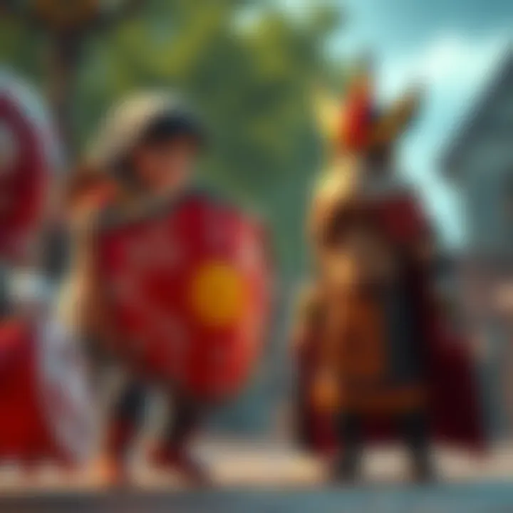 Gerd holds a colorful handmade toy shield while Imu looks surprised and stopped in their tracks, creating a playful scene.