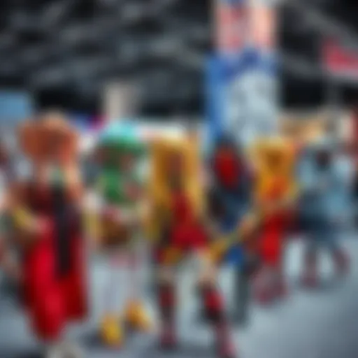 Group of cosplayers dressed as Gerd, showcasing colorful costumes and props at a convention