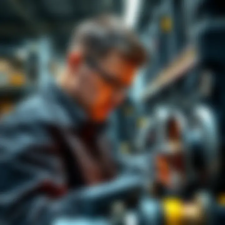 A close-up of a skilled worker inspecting precision-engineered machinery in a workshop, showcasing attention to detail and quality craftsmanship.