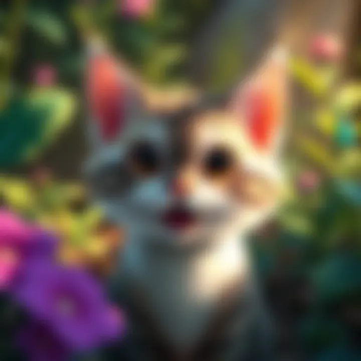 A whimsical cat character from Studio Ghibli with large eyes and a playful expression, surrounded by nature.