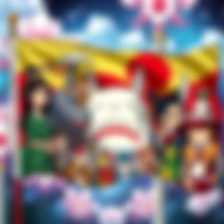 A vibrant flag showcasing characters from various Ghibli films, featuring unique illustrations inspired by tattoo art. Characters include iconic figures from Studio Ghibli movies along with references to earlier works by Hayao Miyazaki.
