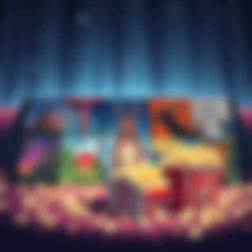 A cozy setup with Ghibli movie covers and popcorn, perfect for a rainy day viewing, showcasing classic films like Howl's Moving Castle and lesser-known titles.