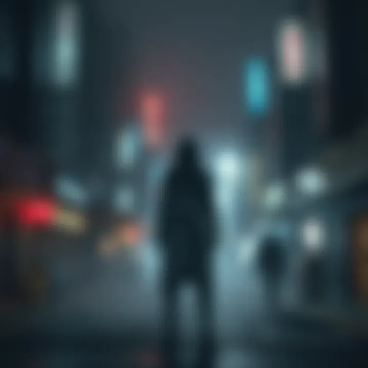 A shadowy figure resembling a ghoul stands in a foggy urban setting, hinting at the possibility of ghouls existing beyond Tokyo, surrounded by city lights and dark alleys.