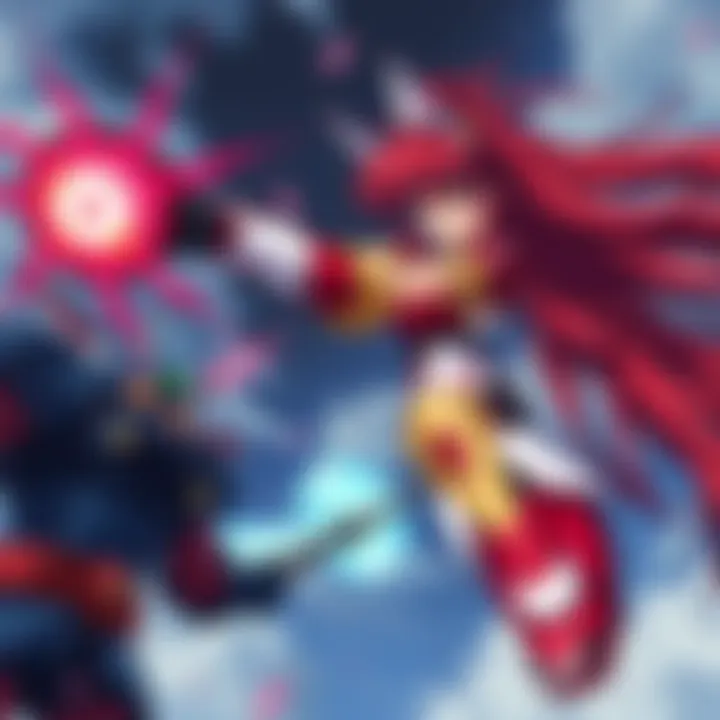 Giant-Asuka is shown in action during the Sachiel fight, striking a powerful pose in classic animation style