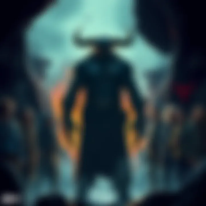 A large, shadowy figure stands in the Black Bulls hideout, surrounded by surprised characters.