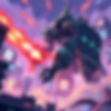 Giant Mech and Kaiju Battle Scene A giant mech battles a massive kaiju in a futuristic city, showcasing intense action and vibrant colors.