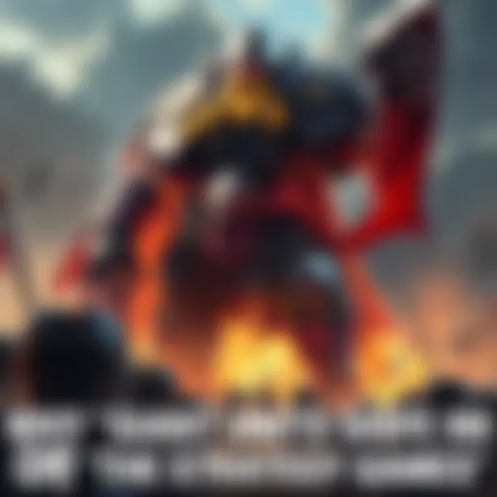 Giant unit in a strategy game A giant warrior character towering over a battlefield, surrounded by smaller units and structures, showing the scale and impact of giant units in strategy gameplay.