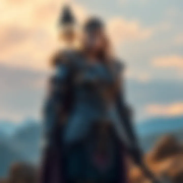 A giant woman Viking with fierce armor and a determined expression stands tall amidst a scenic landscape, showcasing her strength and resilience.