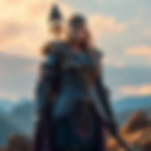 Giant Woman Viking Standing Strong A giant woman Viking with fierce armor and a determined expression stands tall amidst a scenic landscape, showcasing her strength and resilience.
