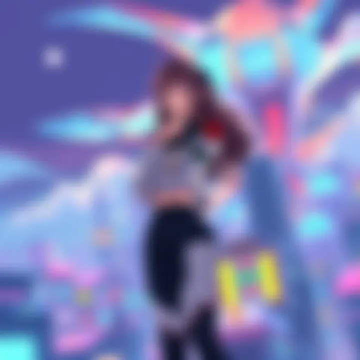 Giantess Asuka standing in a colorful cityscape, towering over buildings with a thoughtful expression