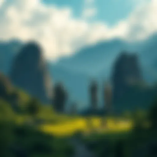 A group of giant figures standing tall in a lush valley surrounded by mountains, capturing their grandeur and historic significance.