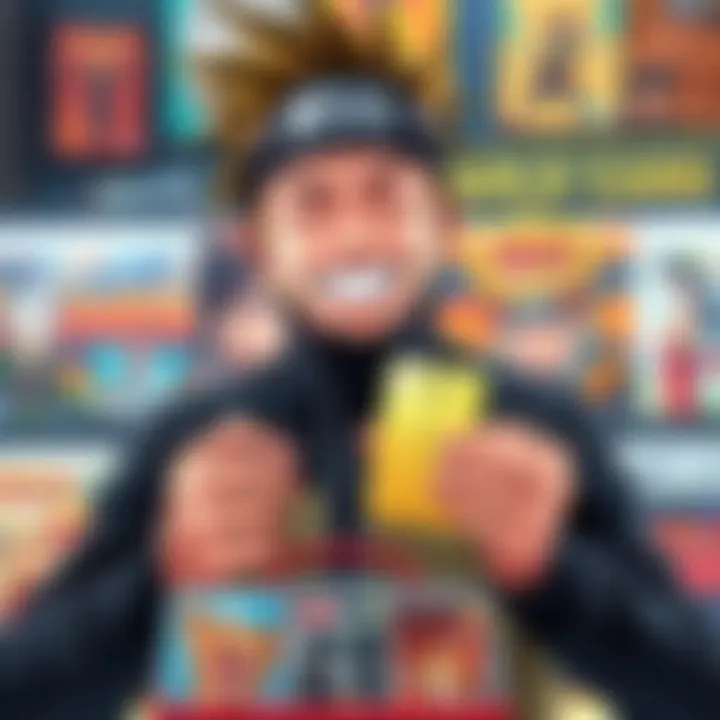 Gigguk holding a shiny 22-karat gold Naruto card, smiling with excitement, surrounded by anime collectibles