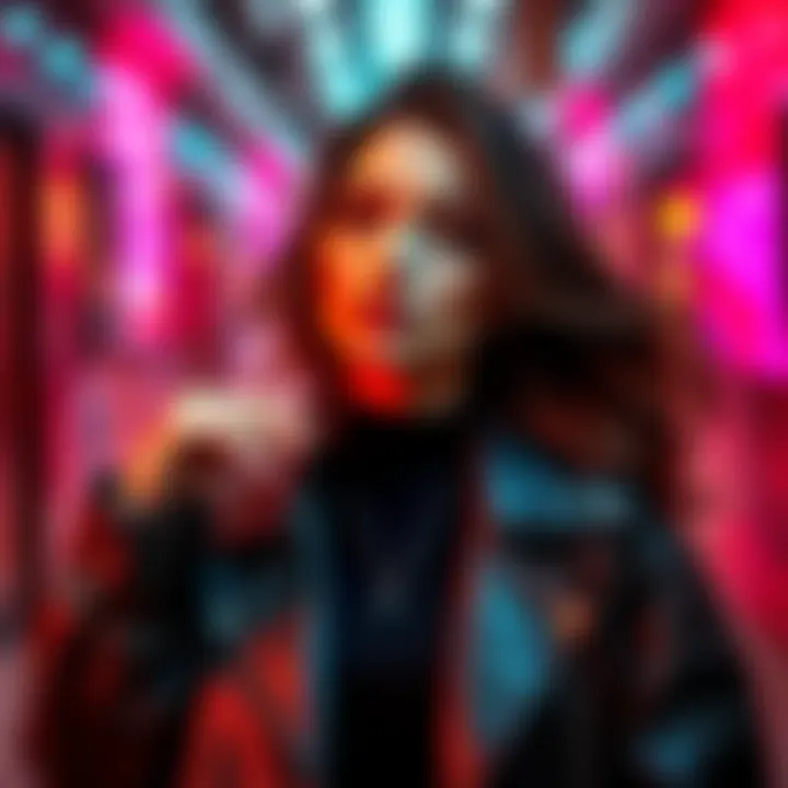 Gigi confidently posing with stylish fashion, capturing attention with her unique look and vibrant energy.