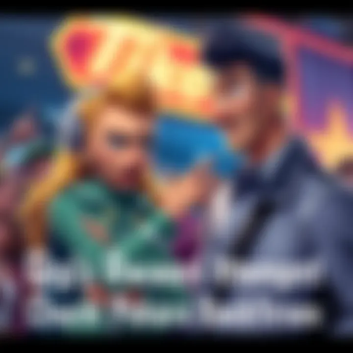 Gigi makes a comedic gesture while trying to charm Pekora, who looks surprised. Both characters are in a lively environment with fans watching. Their expressions capture the humor of the moment.