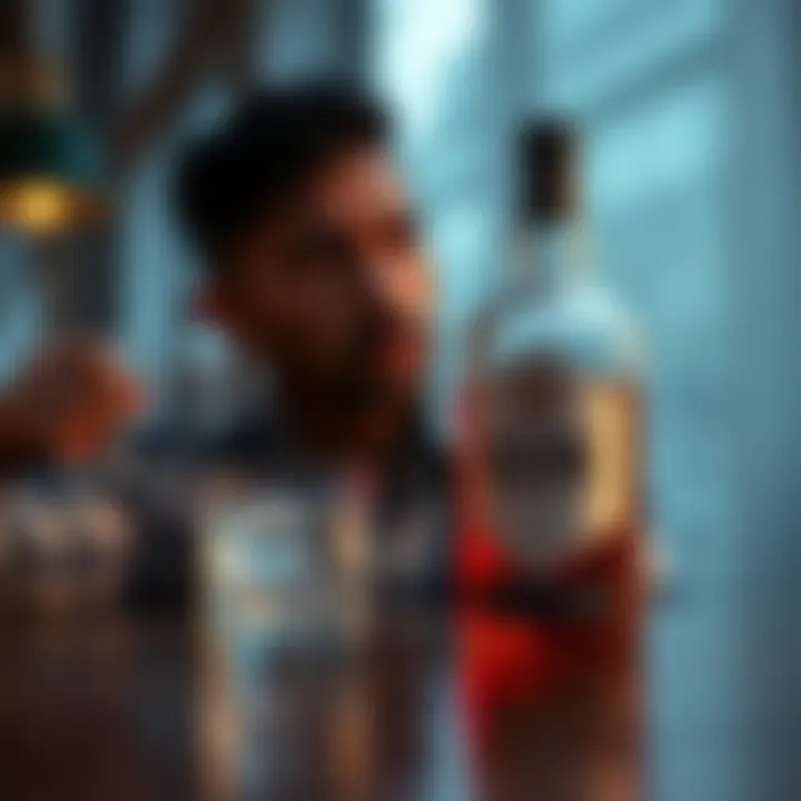 A gin bottle and a glass filled with gin and ice, with a worried look on a person's face in the background, showing concern for gin lovers.