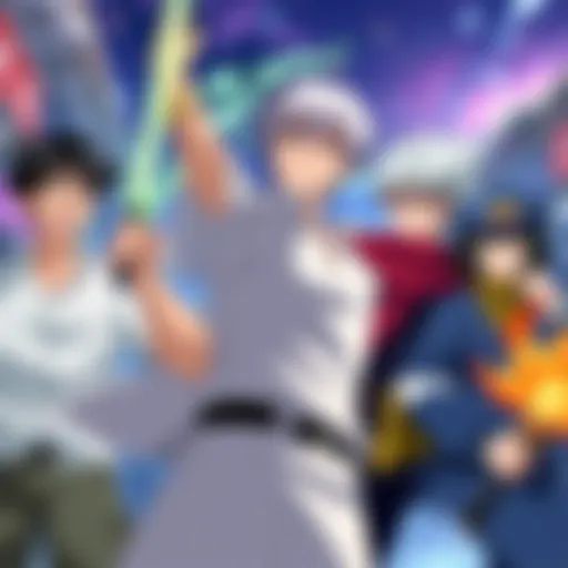 Gintama characters in action alongside characters from Frieren and Chainsaw Man, showcasing a vibrant anime scene