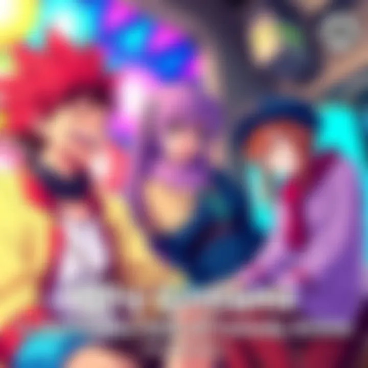 Gintama Comedy Anime Scene A vibrant scene from Gintama showing characters sharing a laugh. One character has wild hair, and another wears a distinctive outfit. They are in a colorful setting, conveying humor and fun.