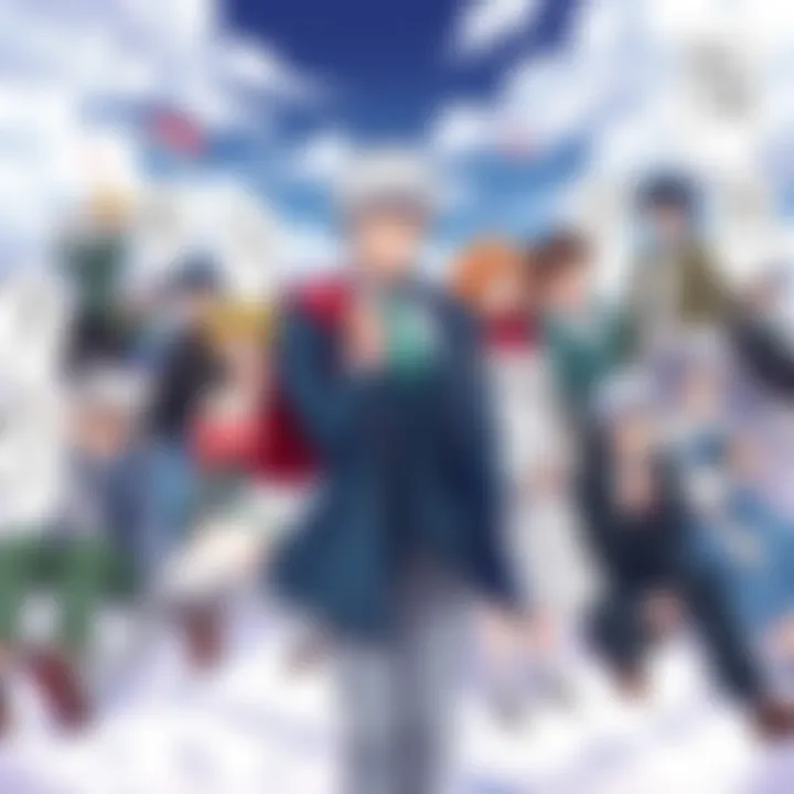 Illustration showing various scenes from Gintama, highlighting episodic and interconnected story elements, featuring characters in action and humorous moments.