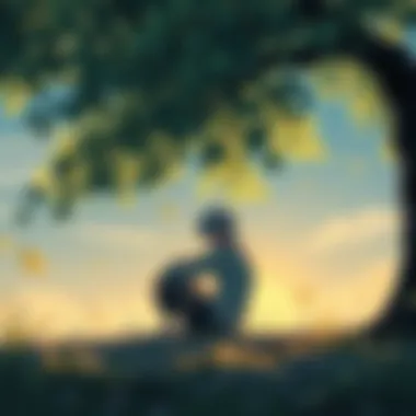 A character resembling Gintoki sits alone under a tree, lost in thought, with a melancholic expression. A soft breeze rustles the leaves around him, symbolizing love and pain.