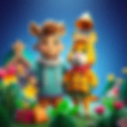 Giorno standing next to a colorful Animal Crossing villager, both smiling warmly while surrounded by gifts and greenery