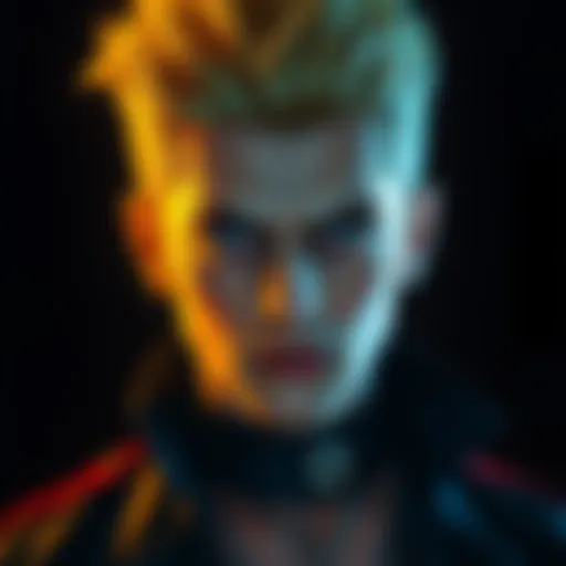 Giorno Giovanna displaying vampire characteristics, with a serious expression and distinctive hairstyle, set against a dark background