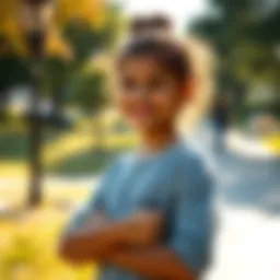 Girl showing strength and resilience A young girl smiling confidently while standing in a sunlit park, symbolizing her journey through challenges and inspiring others.