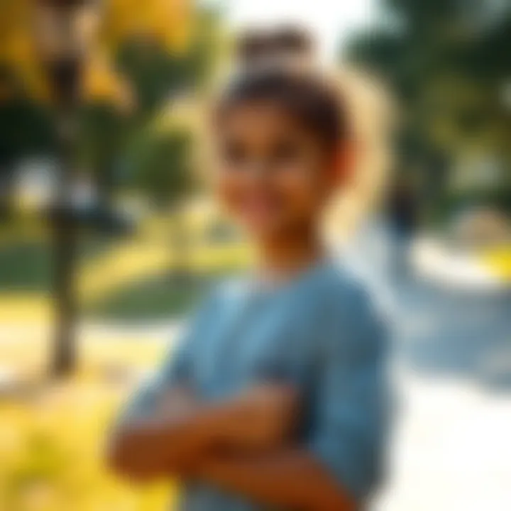 Girl showing strength and resilience A young girl smiling confidently while standing in a sunlit park, symbolizing her journey through challenges and inspiring others.