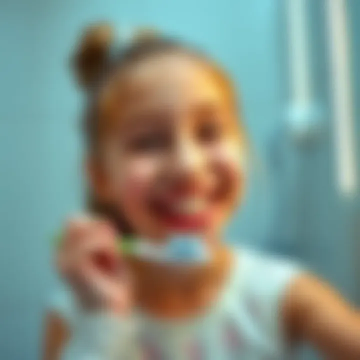 A girl with a big smile brushing her teeth in a bright bathroom