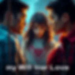 A girl stands between two lovers, showing tension and emotional struggle.