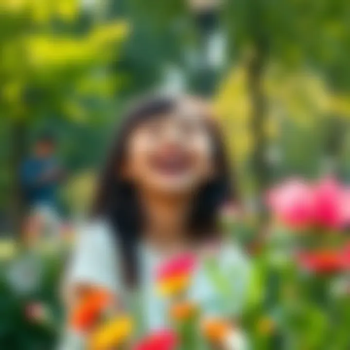 A girl laughing joyfully in a park after a funny incident with her friends, surrounded by green trees and colorful flowers.