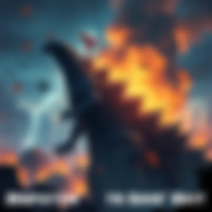 A girl sits on top of Godzilla's head as the giant monster rampages through a city, with buildings in chaos around them.