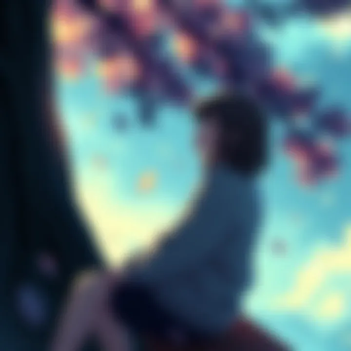 A girl sitting on a bench, lost in thought as she recalls her first encounter with Lain, surrounded by nature.
