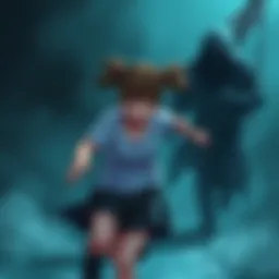 A young girl in a modeling outfit running away from a dark, shadowy figure, showing signs of fear and urgency.