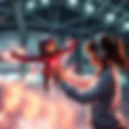 A girl reaching out to touch her opponent who glides effortlessly in low gravity, with energy effects surrounding them