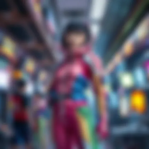A girlfriend wearing a colorful plugsuit, showcasing her love for anime culture, standing confidently in a fan-themed setting.